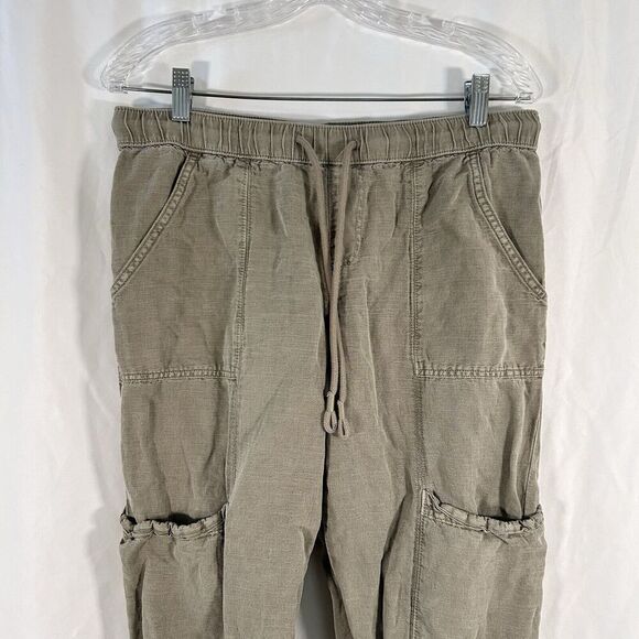 NWOT Nichole Miller Cargo Joggers Women's Medium Light Green Linen Bl Drawstring - Picture 2 of 12